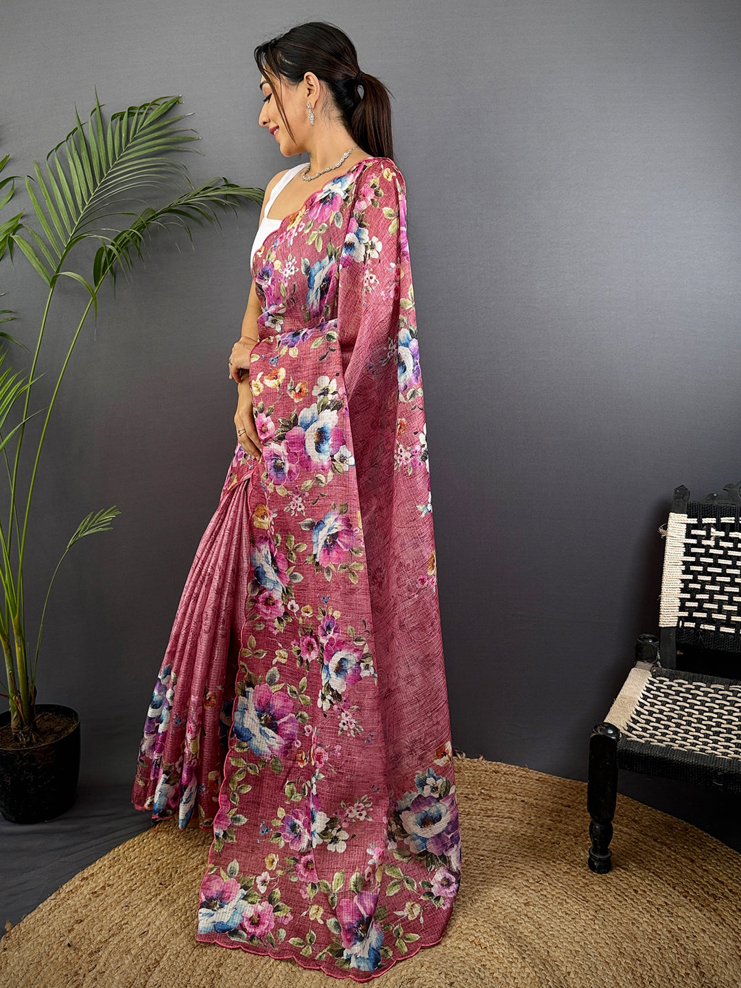 Dusty Mauve Floral Cut Work Kota Saree by My Store