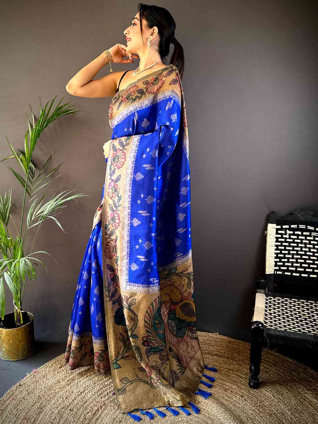 Royal Blue Soft Silk Kalamkari Printed Pallu Saree by My Store