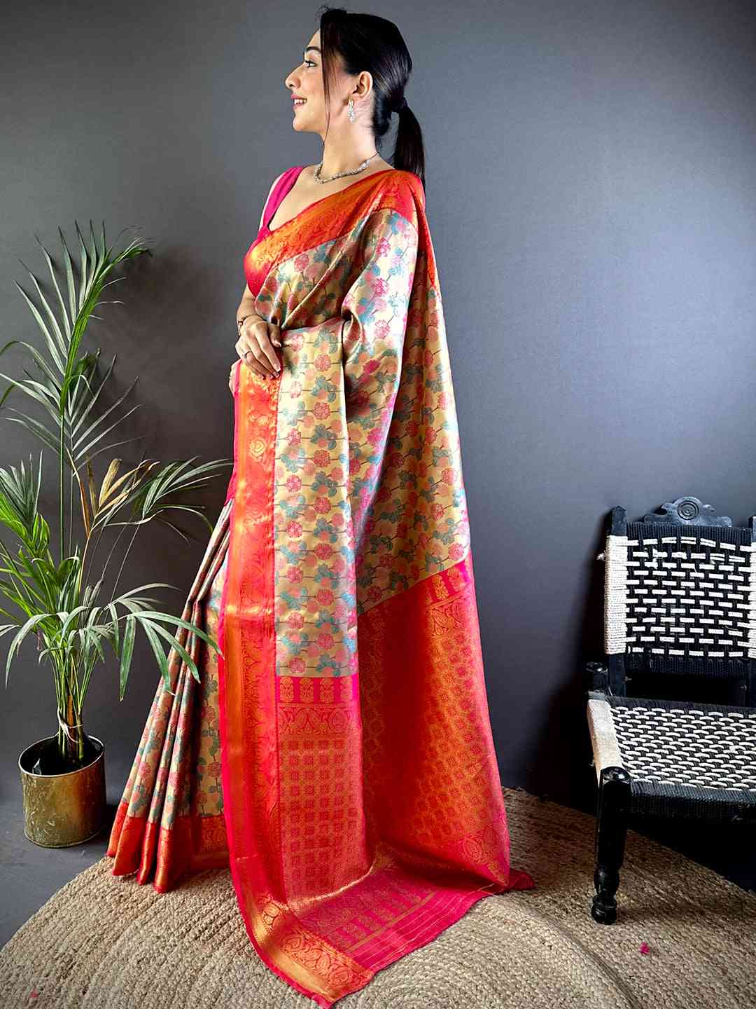 Royal Rani Pink Floral Dharmavaram Silk Saree by My Store