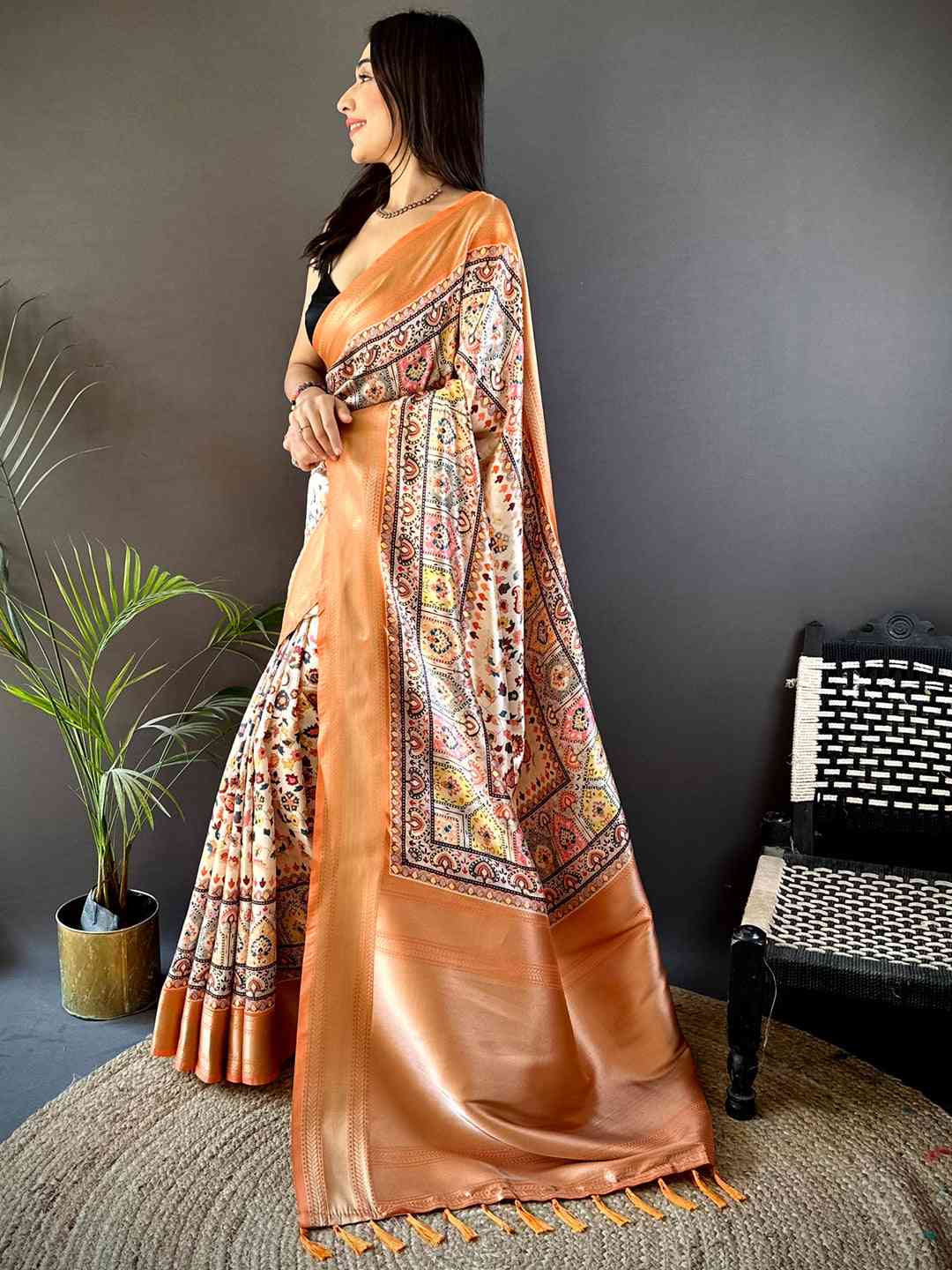 Light Orange Mughal Kalamkari Print Pashmina Saree by My Store