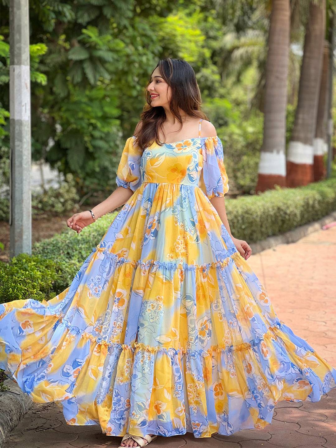 Masha Yellow Floral printed Dress by My Store