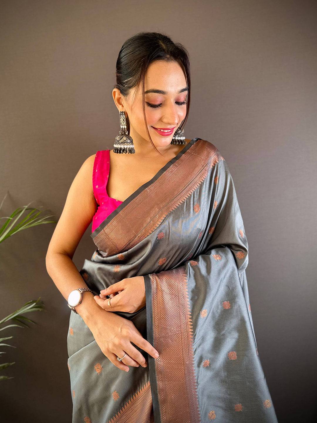 Dark Grey Copper Elegance Soft Silk Saree by My Store