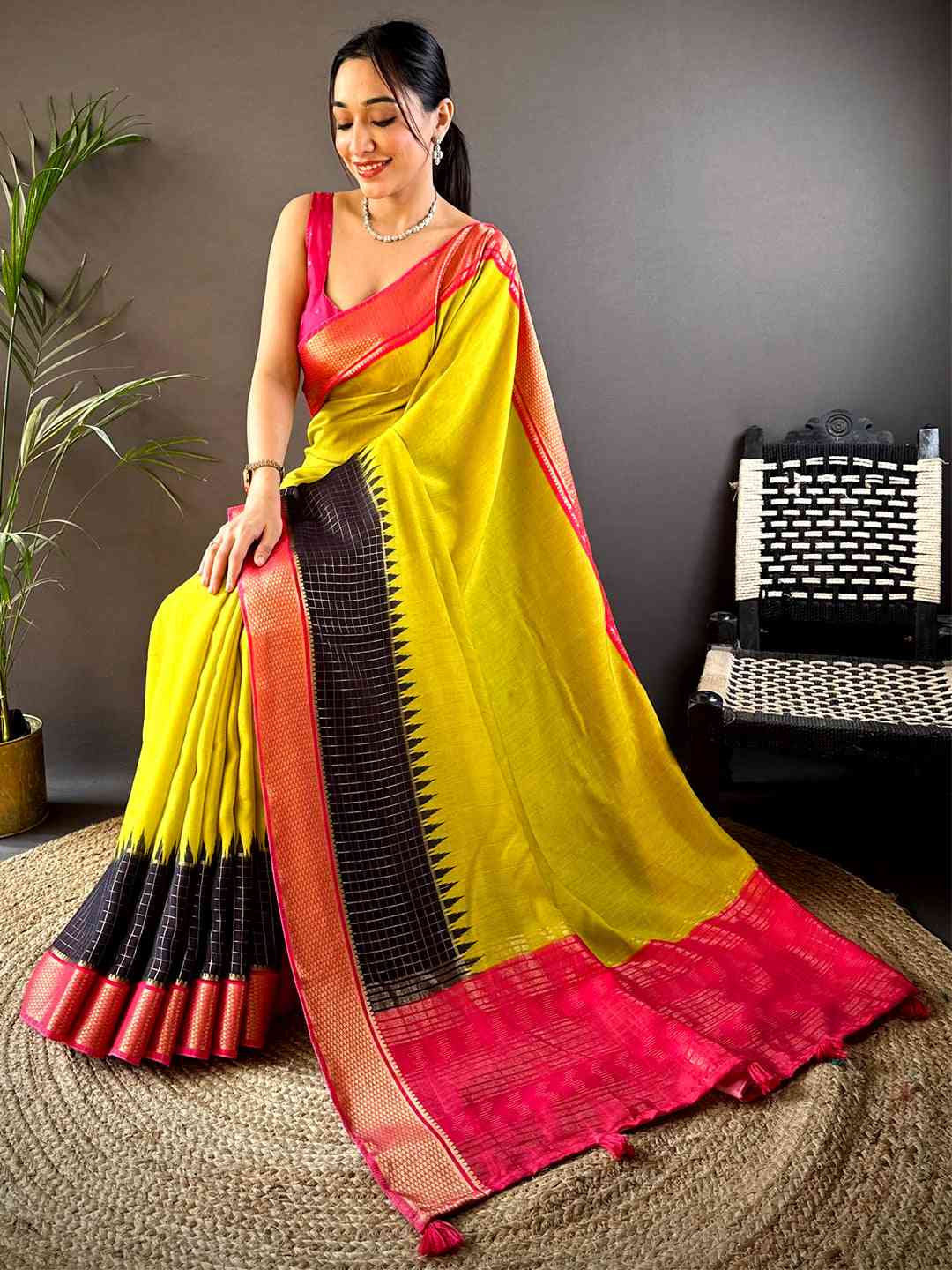 Lemon Yellow Zari Pallu Cotton Viscose Saree by My Store