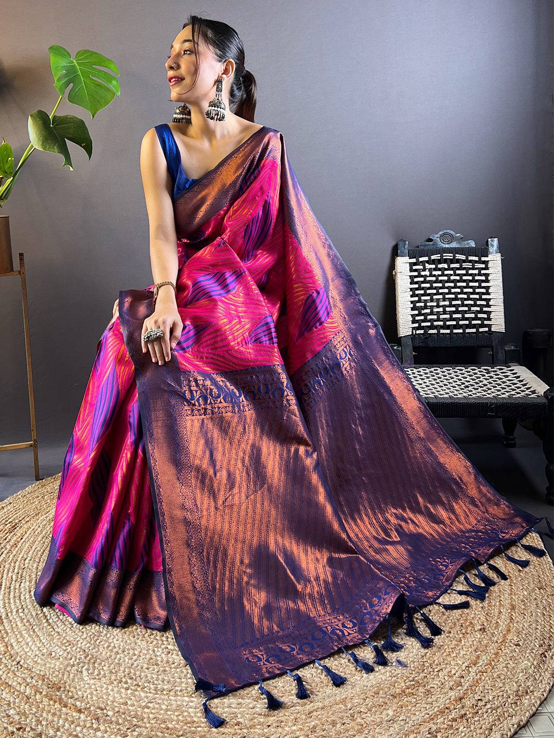 Rani Tussar Silk Zari Weaving Ikkat Saree by My Store