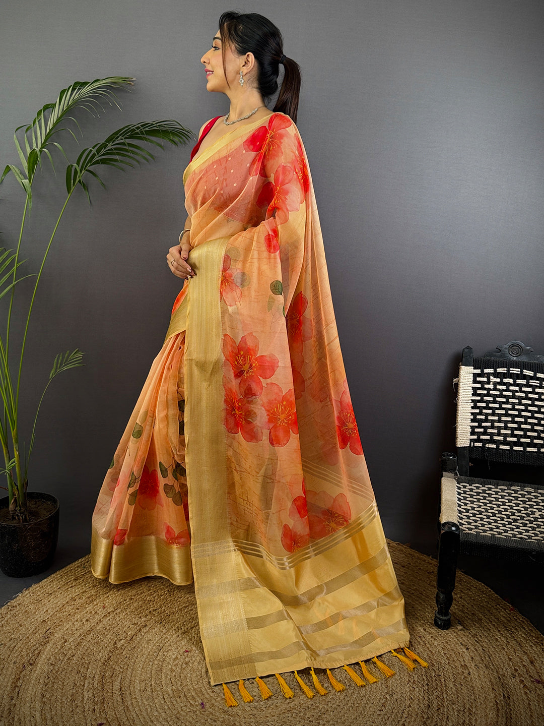 Peach Soft Organza Digital Print Saree by My Store