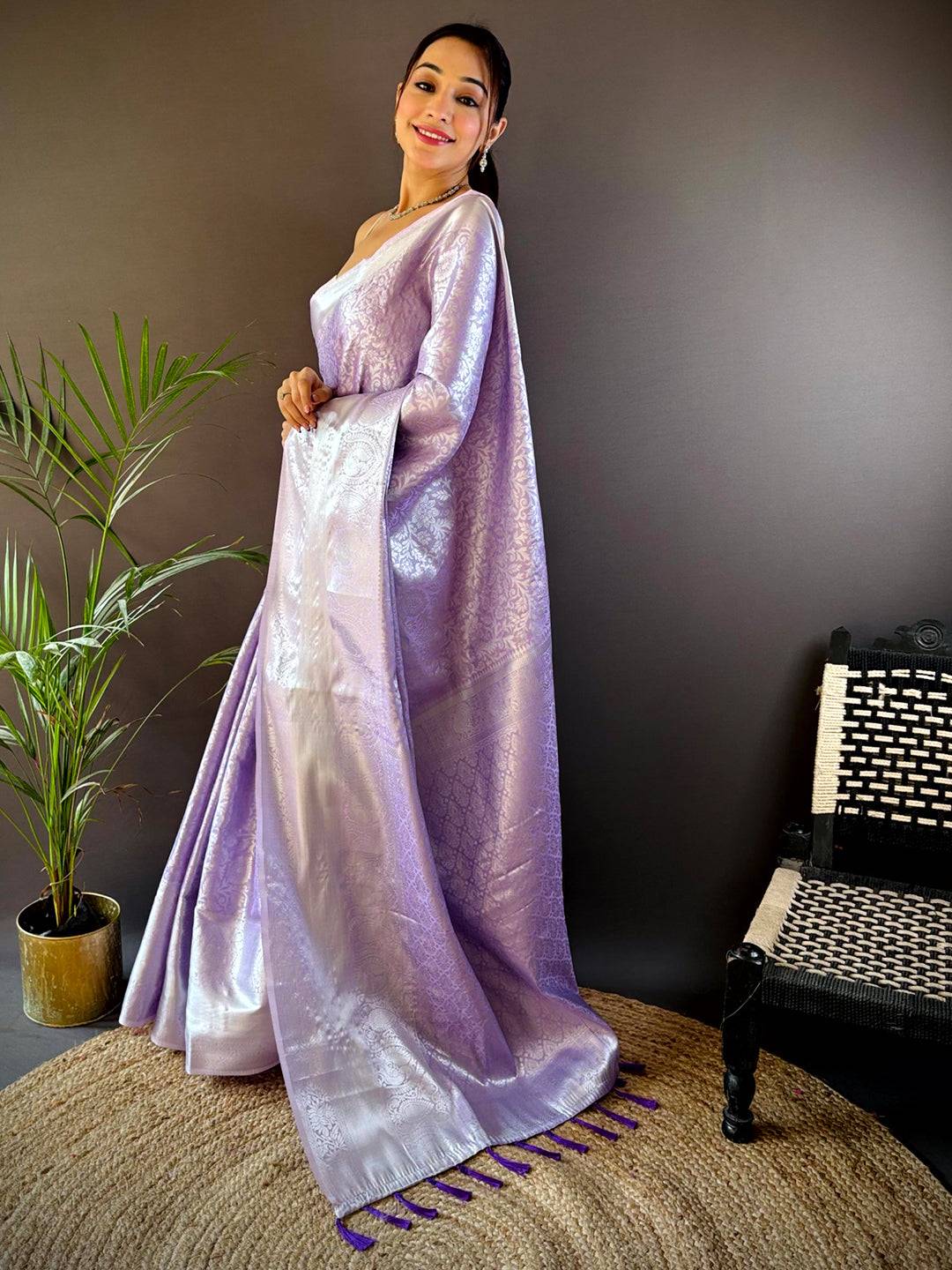 Lavender Banarasi Kanjivaram Silk Saree by My Store