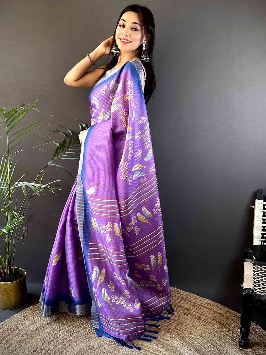 Lavender Chanderi Check Sparrow Print Saree by My Store