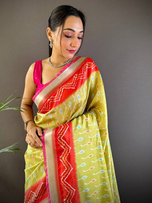 Pastel Yellow Ikkat Paithani Soft Silk Saree by My Store