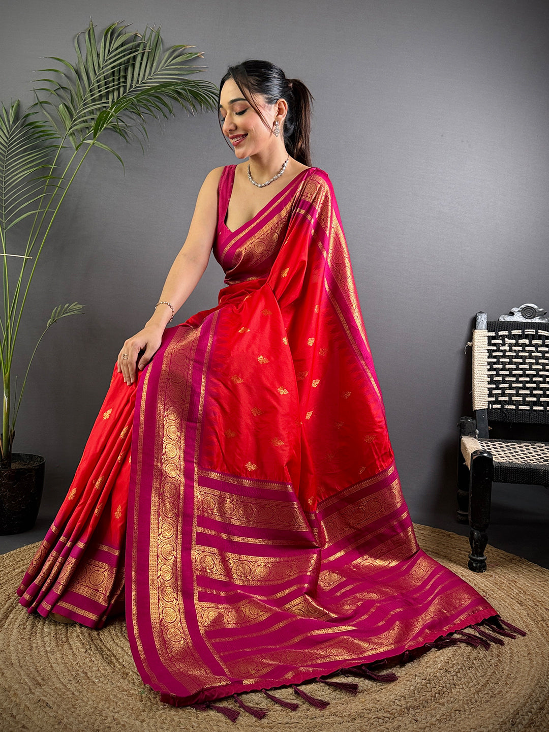Rose Red Gadwal Border Soft Silk Saree by My Store