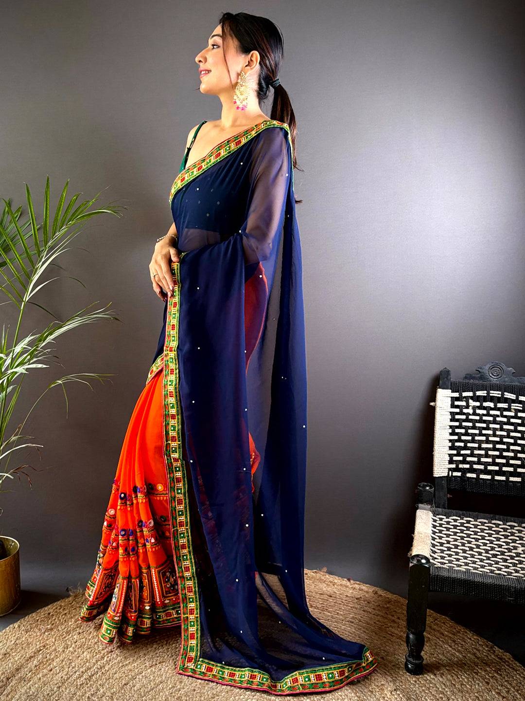 Orange Georgette Saree With Exquisite Katchi Work by My Store