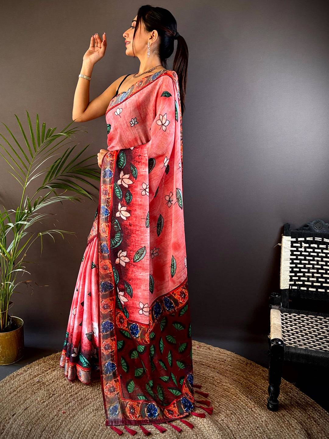 Pink Georgette Pichwai Print Saree by My Store