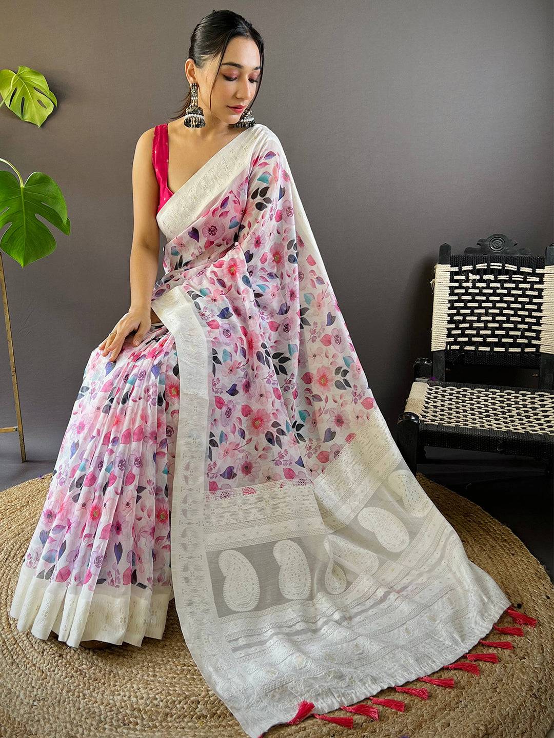 Radiant Lakhnavi Floral Print Saree by My Store