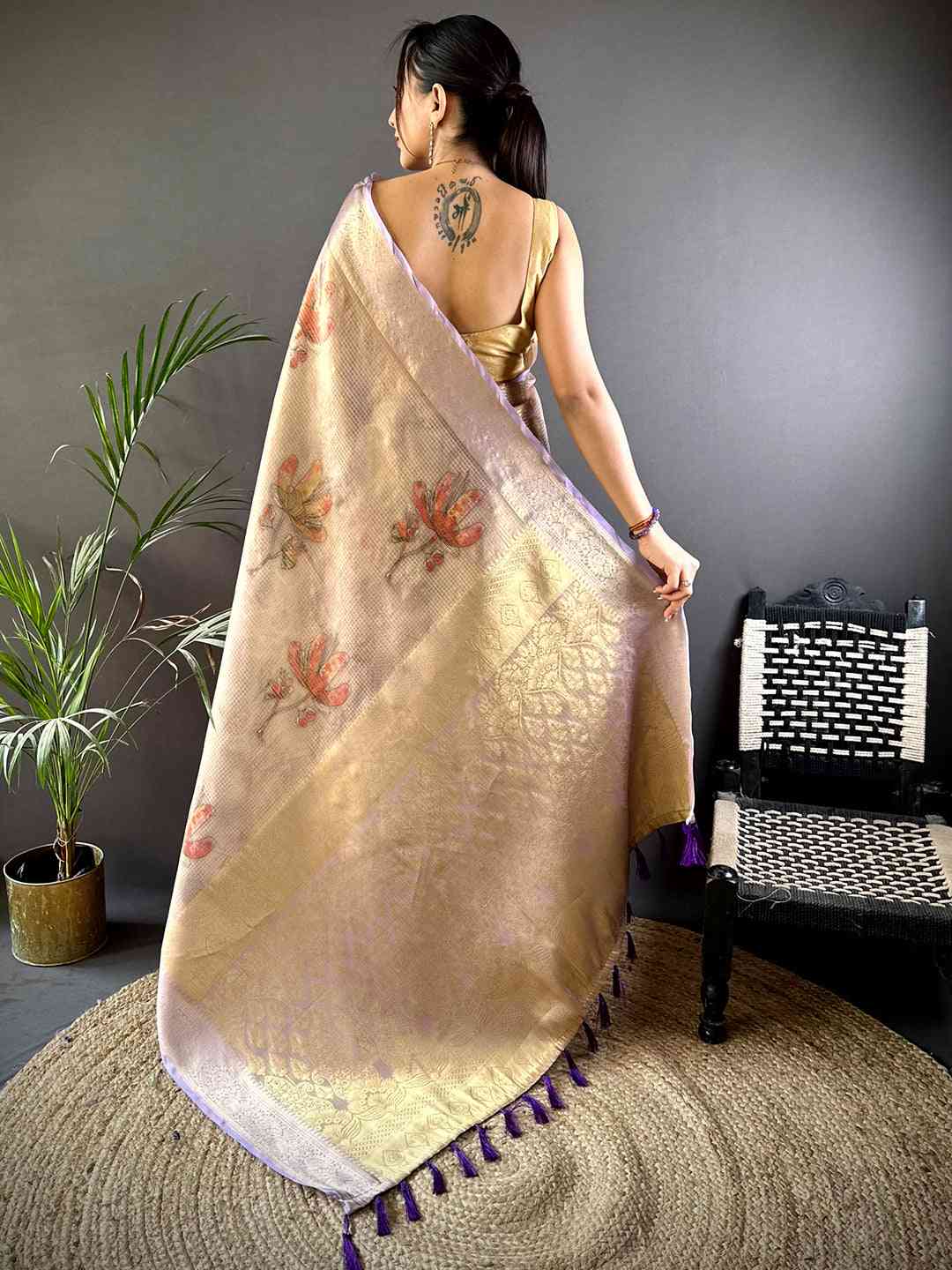 Stylish Lavender Self Gold Zari Floral Print Saree by My Store