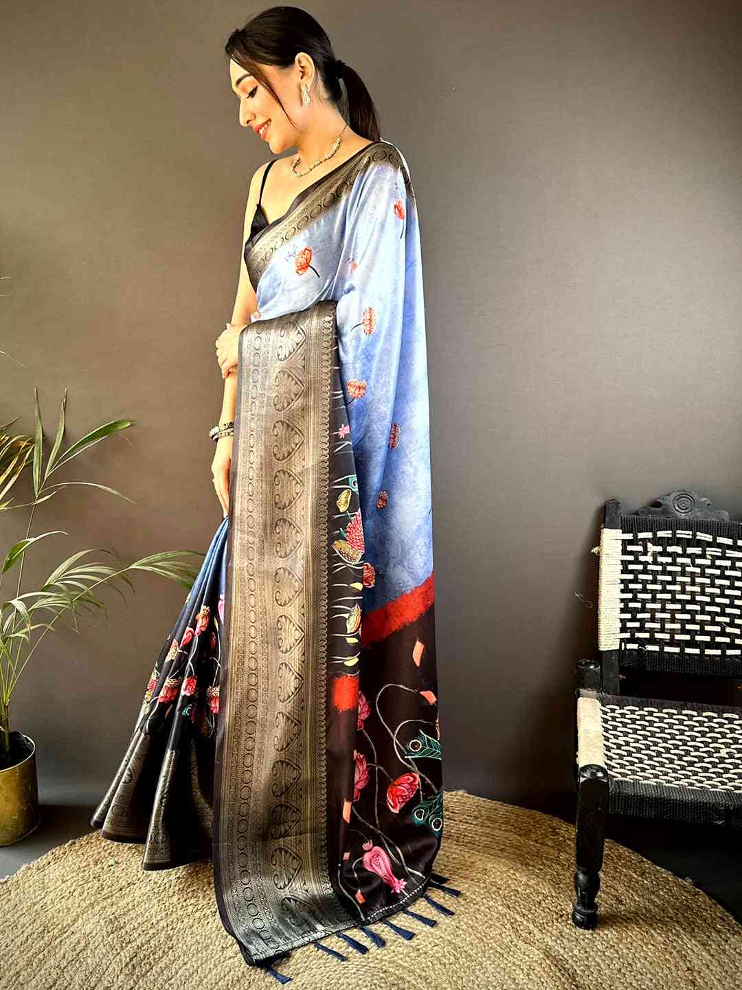 Serene Blue Soft Silk Floral Ombre Print Saree by My Store