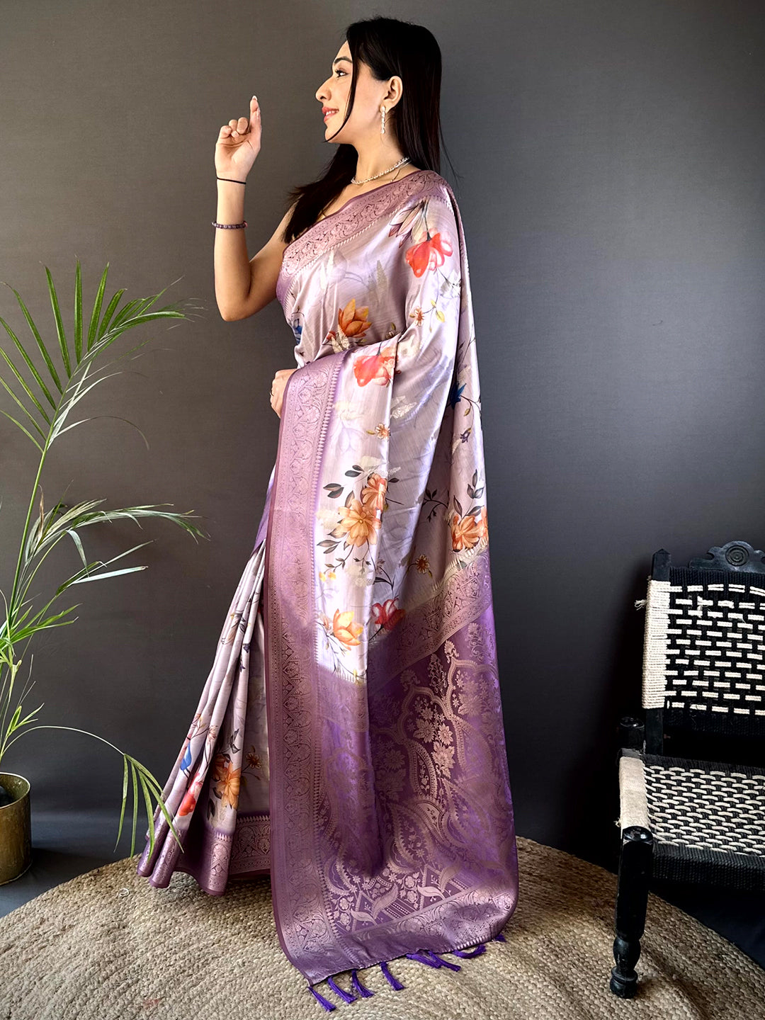 Lavender Bamboo Silk Floral Saree by My Store