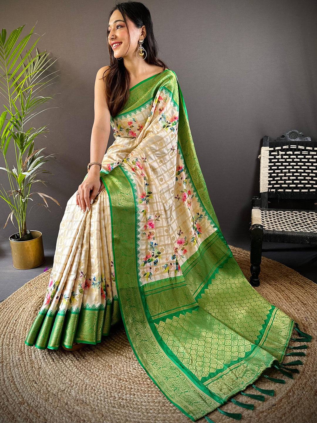 Green Kovai Rettapet Border Digital Print Saree by My Store