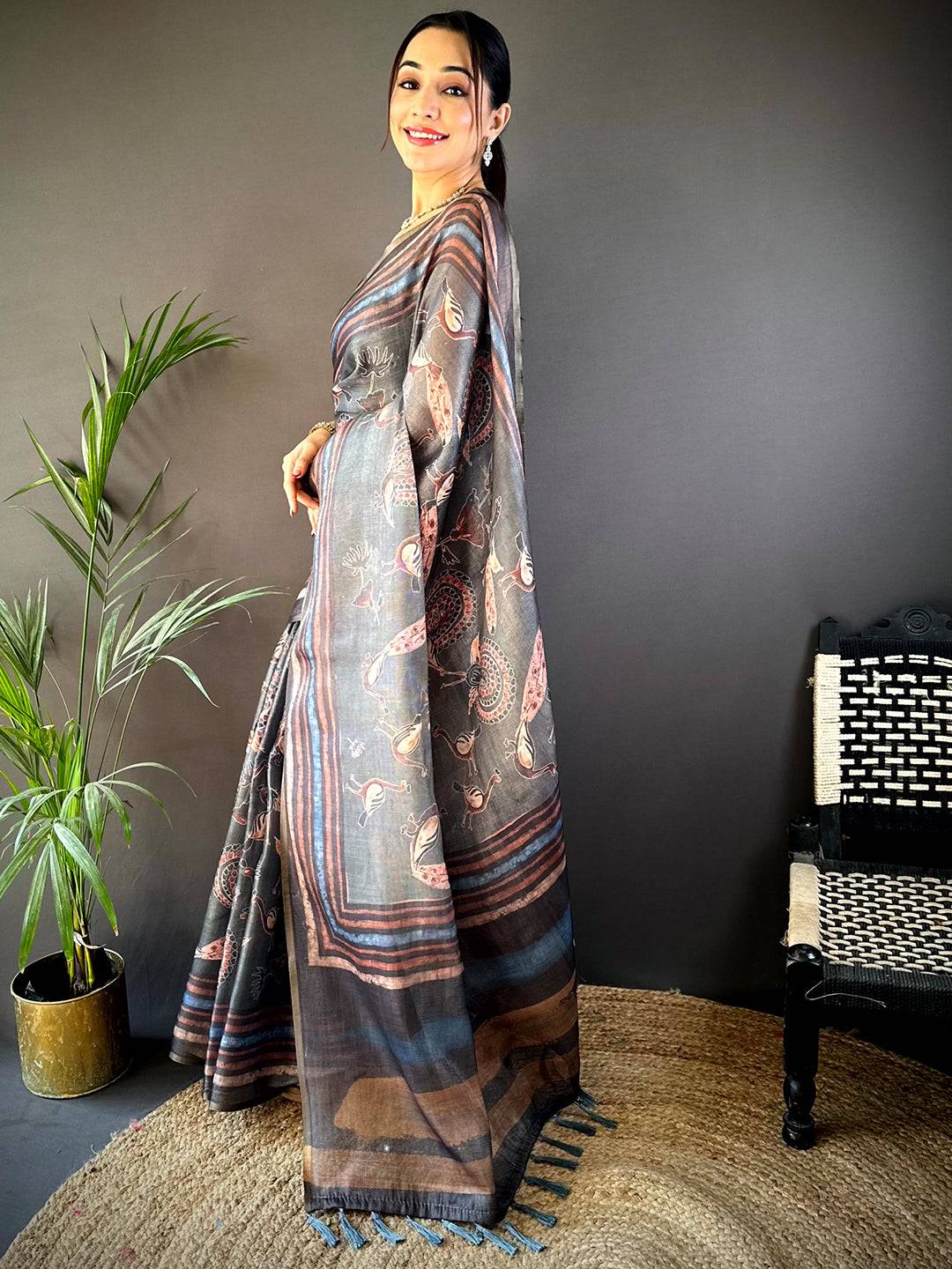 Grey Chanderi Floral Kalamkari Digital Print Saree by My Store