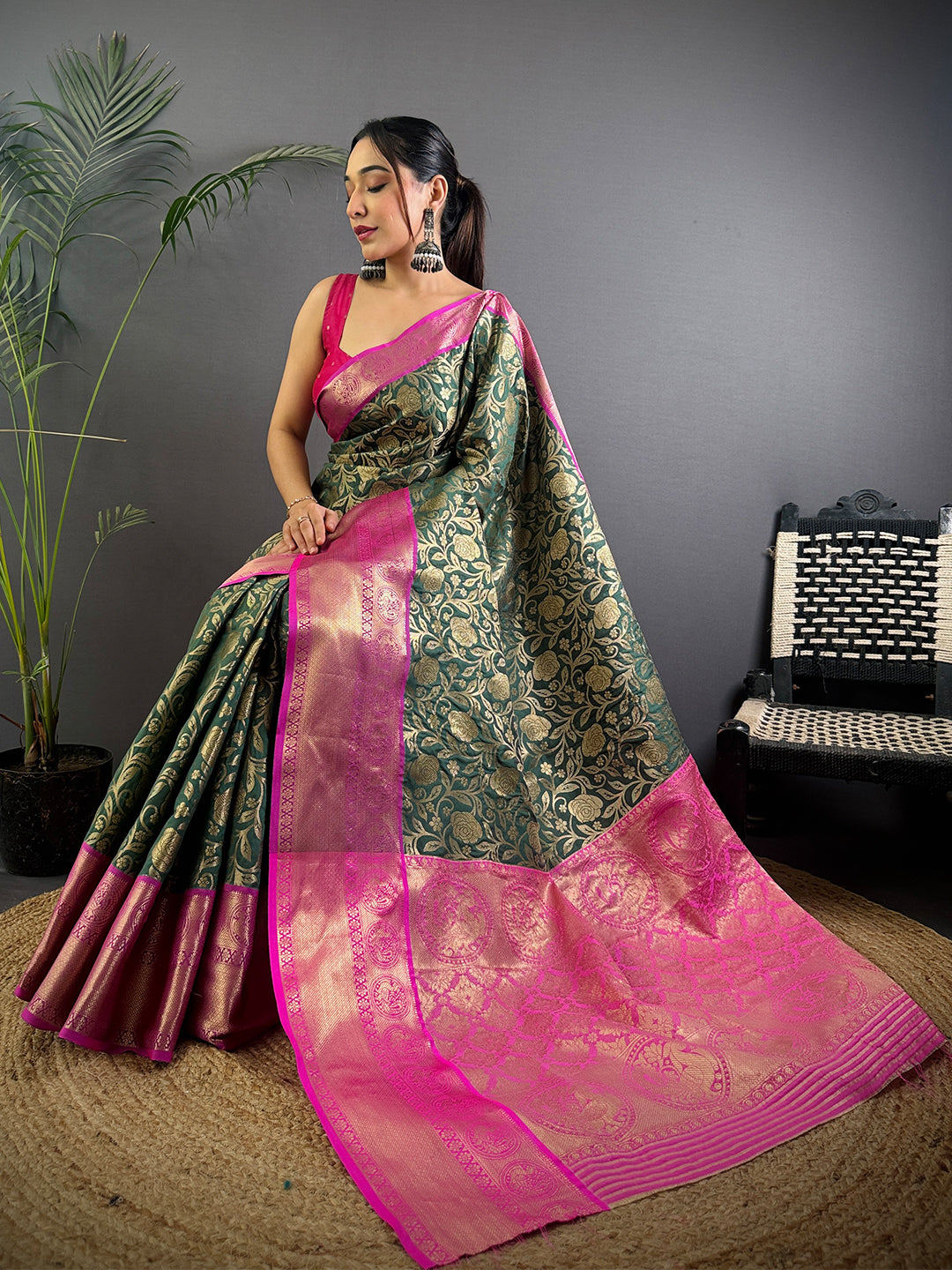 Green Floral Zari Banarasi Kanjivaram Silk Saree by My Store