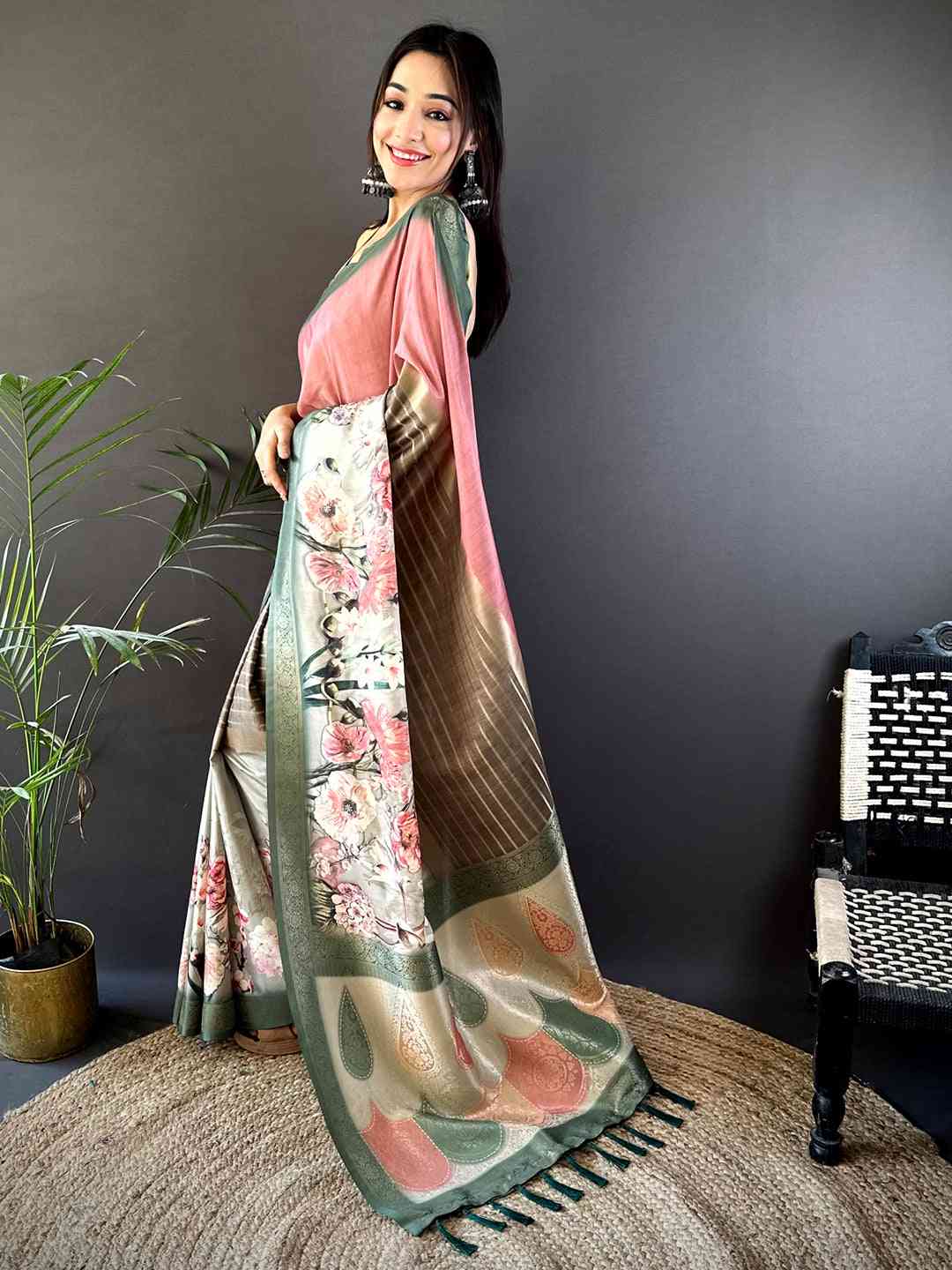Pink Soft Silk Placement Digital Print Saree by My Store
