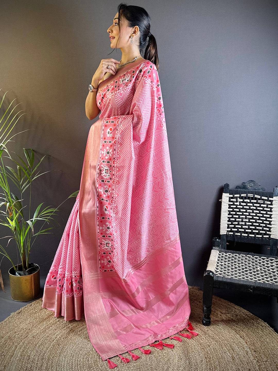 Rose Pink Zig Zag Kalamkari Kanchi Silk Saree by My Store