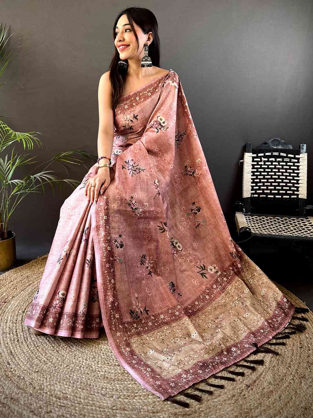 Pastel Pink Zari Tussar Floral Print Saree by My Store
