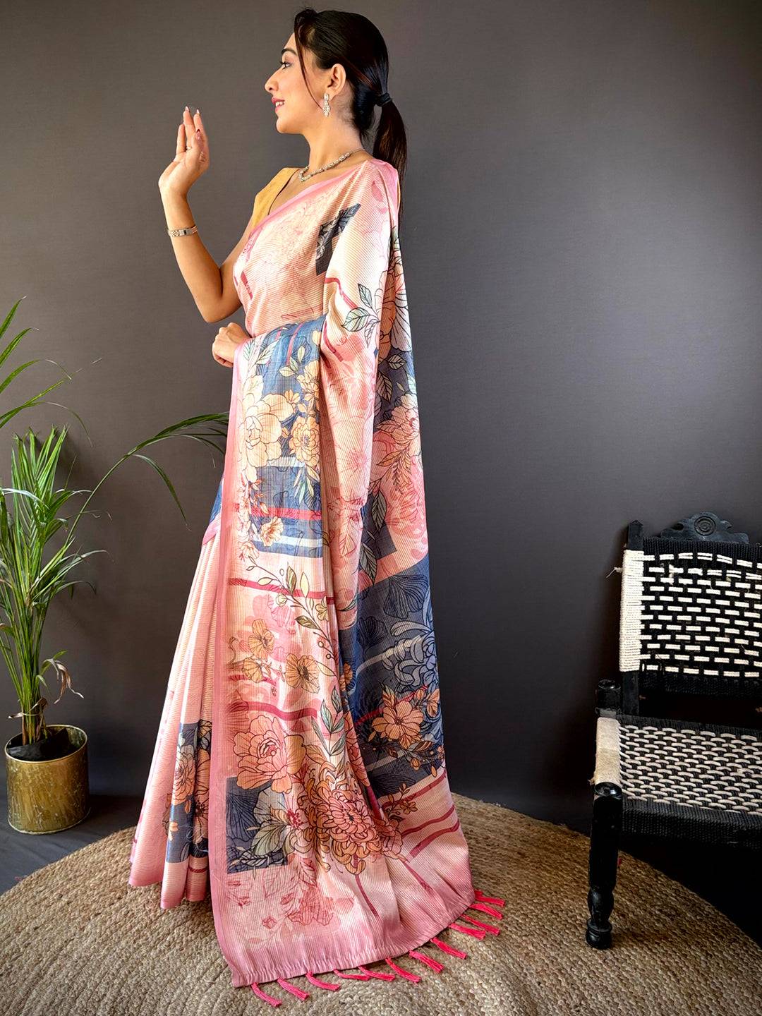 Rose Pink Tussar Floral Saree by My Store