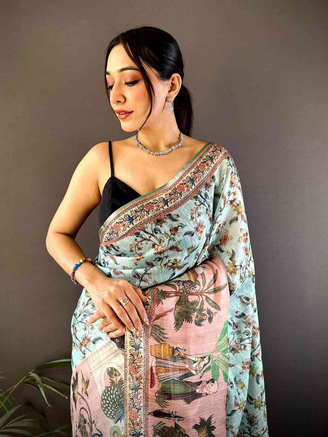 Light Blue Tussar Pashmina Kalamkari Saree by My Store