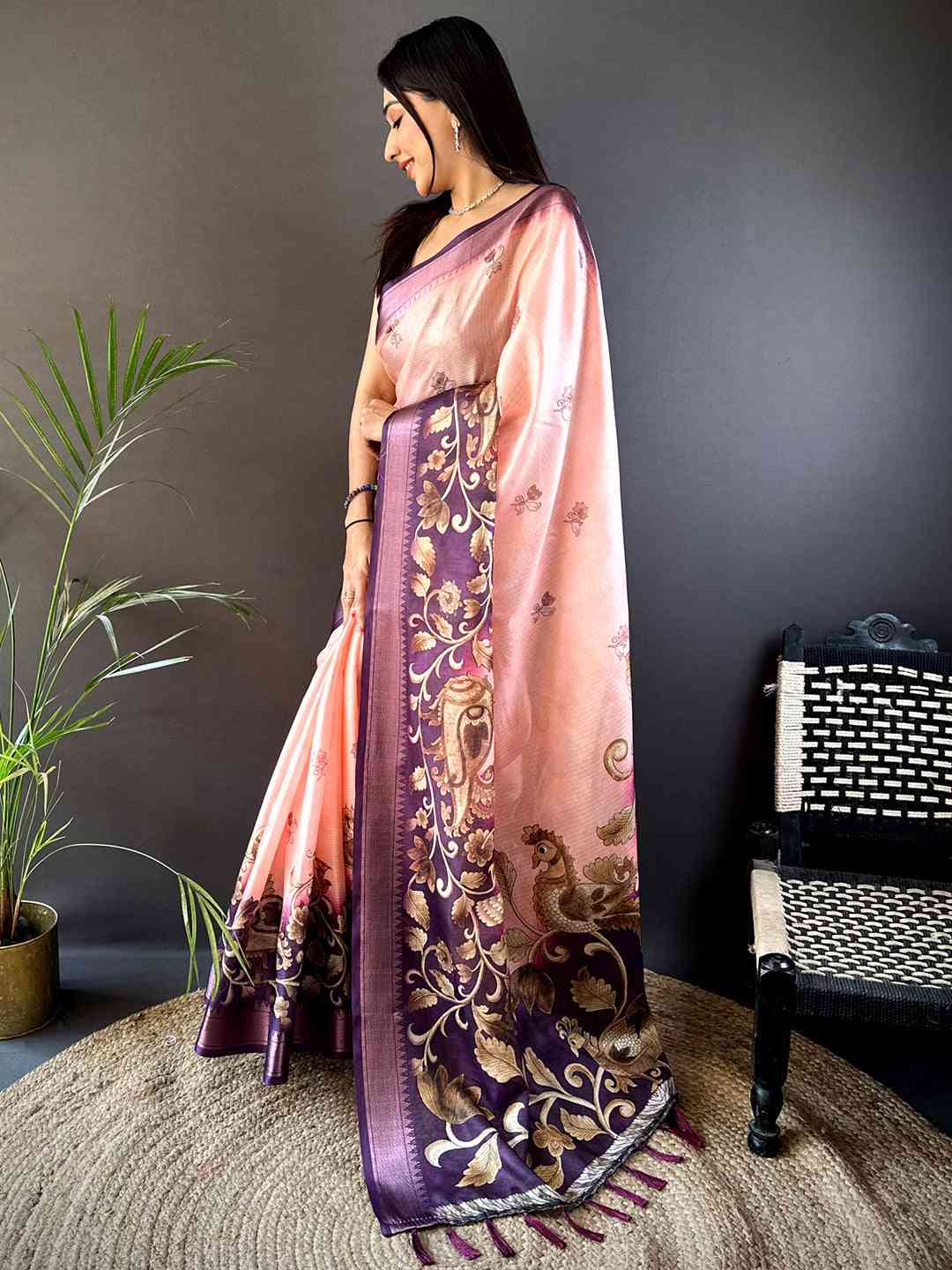 Pastel Pink Kota Doriya Zari Weave Digital Print Saree by My Store