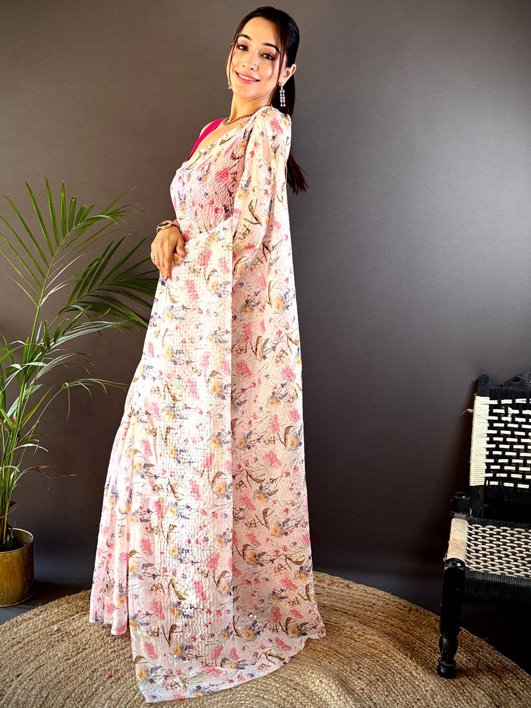 Peach Soft Tebi Silk Sequin Work Saree by My Store