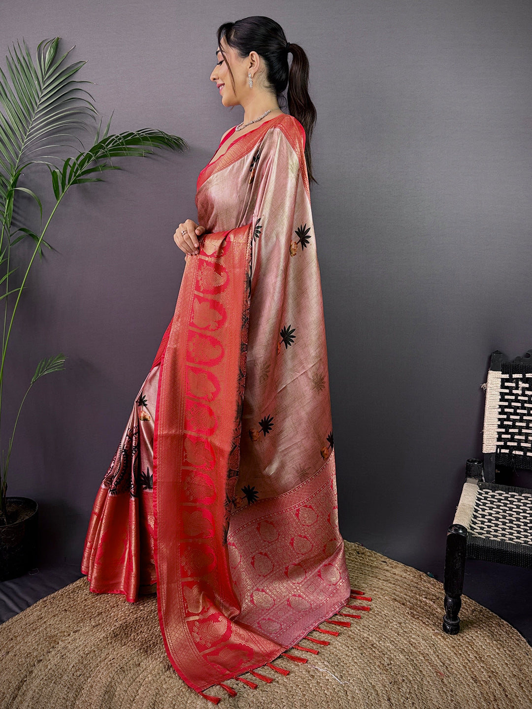 Elegance Soft Cherry Satin Kalamkari Print Saree by My Store