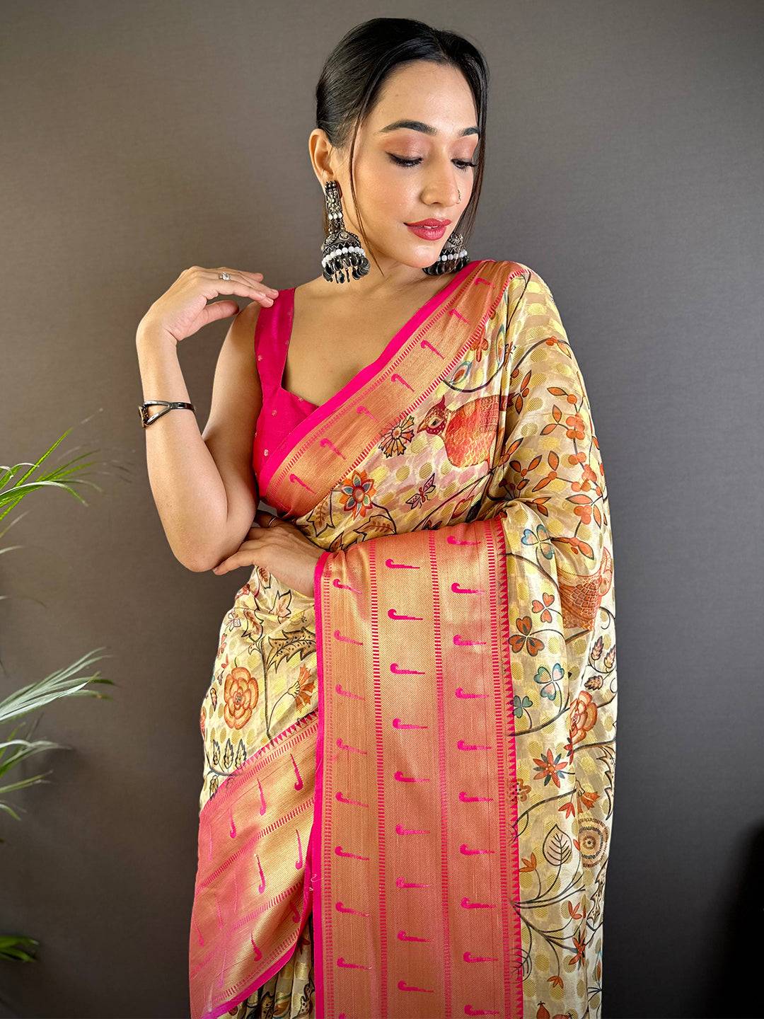 Golden Beige Paithani Kora Silk Saree by My Store