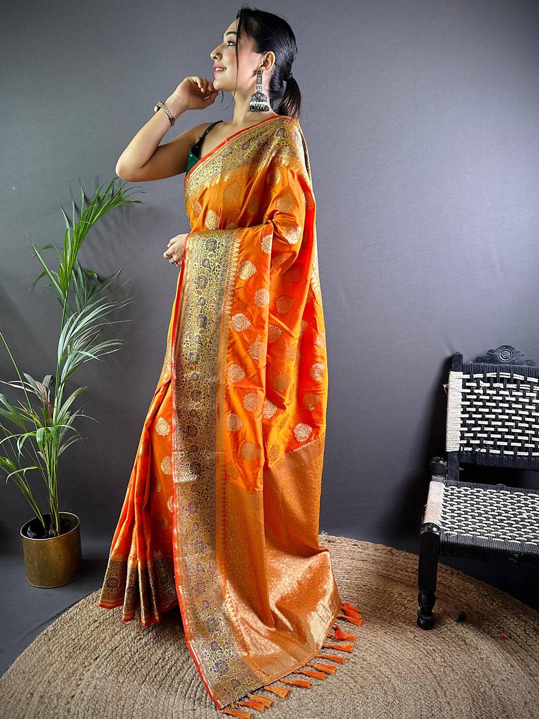 Orange Banasari Silk Saree With Zari Weaving by My Store