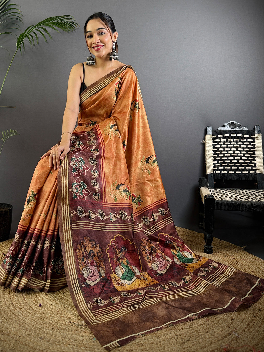 Rust Soft Dola Silk Printed Saree by My Store