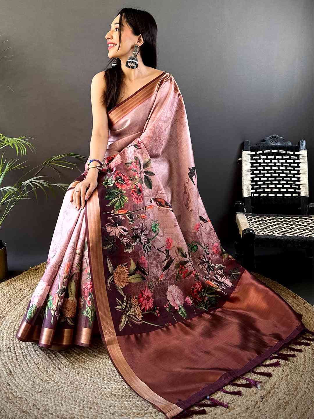 Rose Pink Floral Grace Soft Silk Tissue Saree by My Store