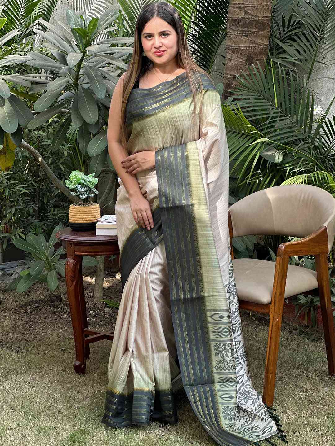 Ikkat Motifs and Paisley Prints on Ghicha Saree by My Store