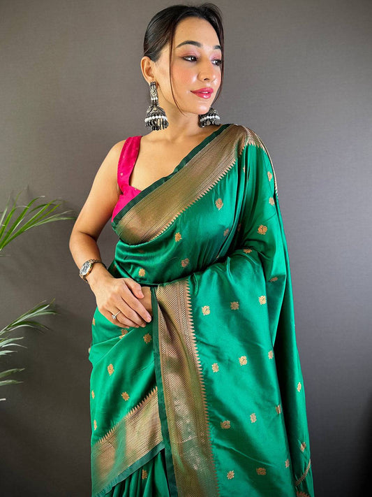 Jade Green Copper Elegance Soft Silk Saree by My Store