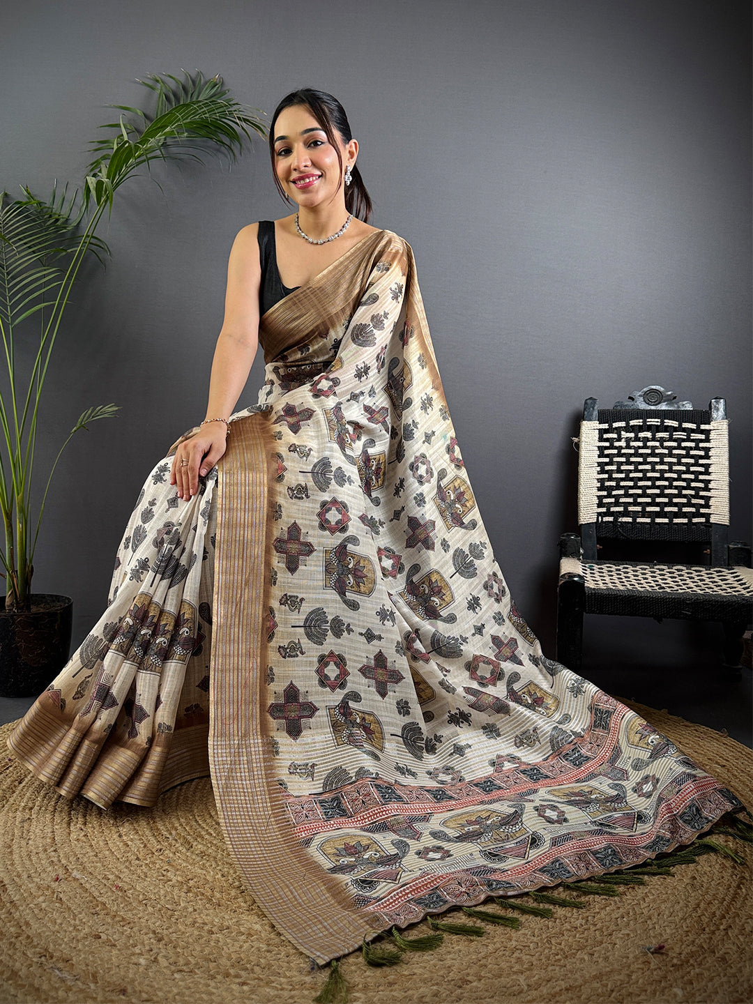 Ivory Linen Digital Printed Saree by My Store