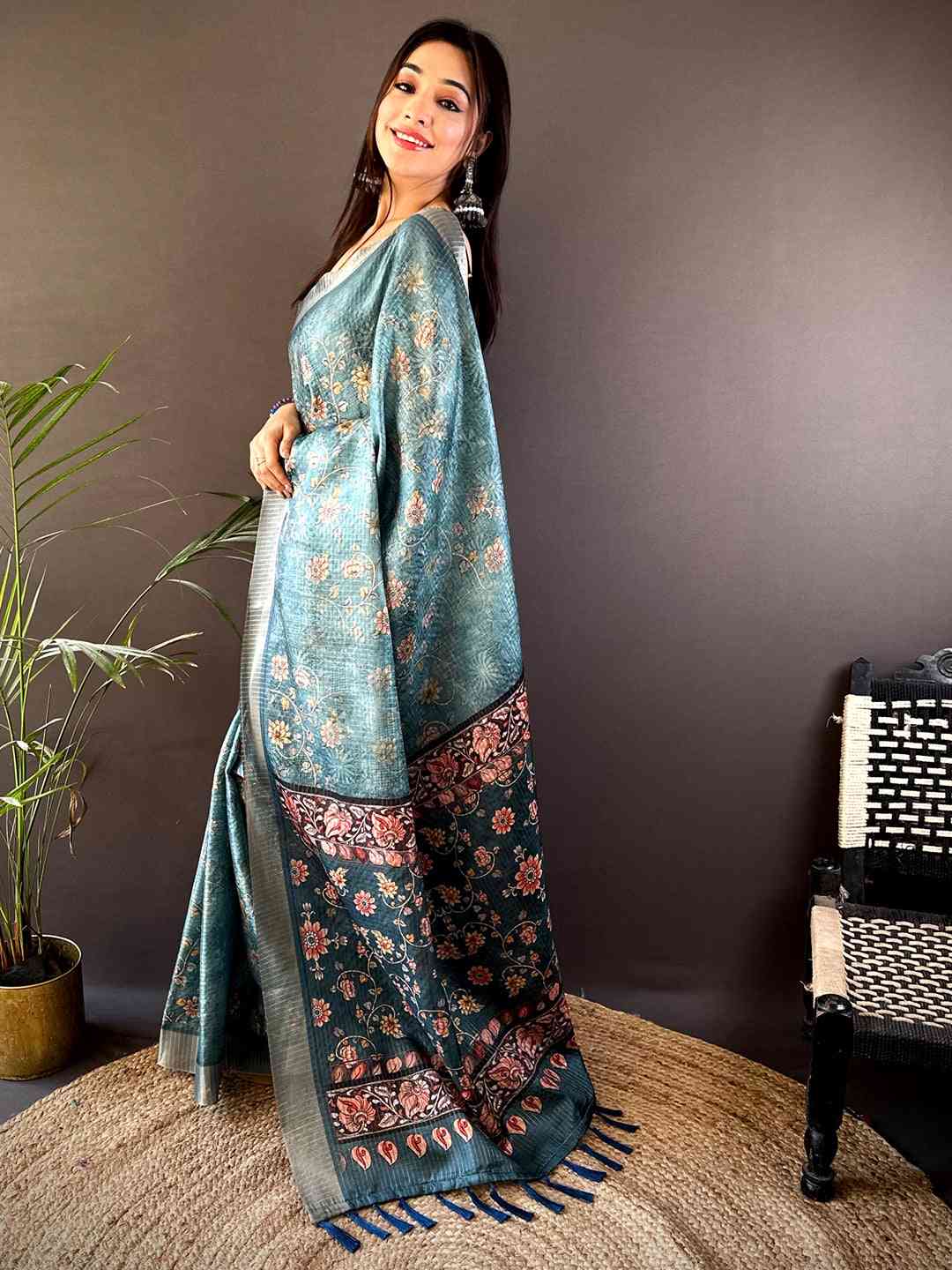 Teal Blue Gold Zari Chanderi Phulkari Floral Saree by My Store
