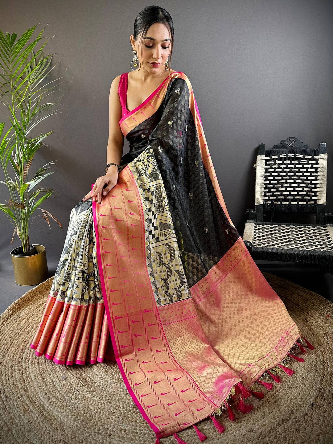 Kora Silk Paithani Kalamkari Saree by My Store