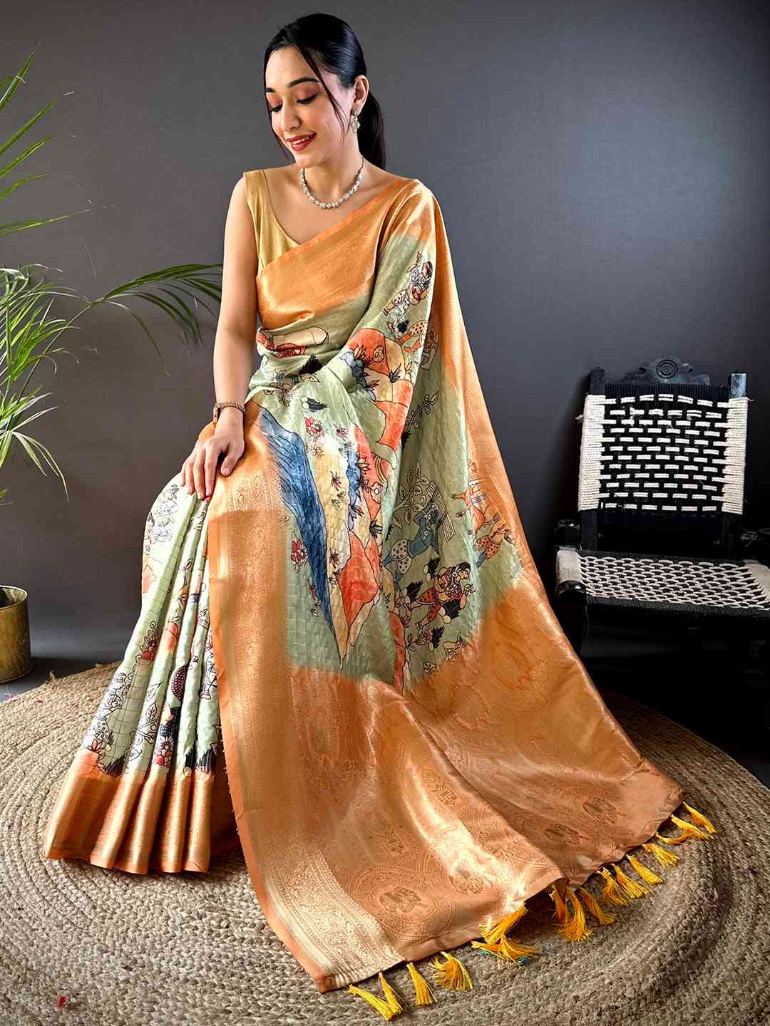 Pista Soft Silk Gold Zari Kalamkari Chex Saree by My Store