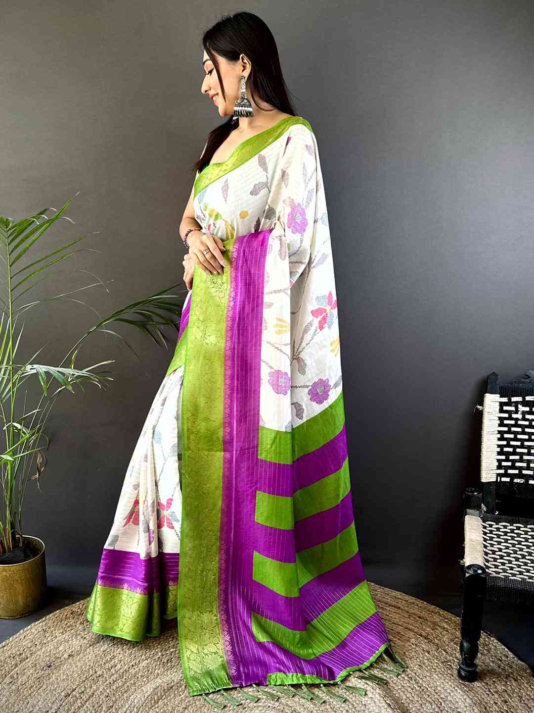 Green Dola Silk Bird Print Saree by My Store