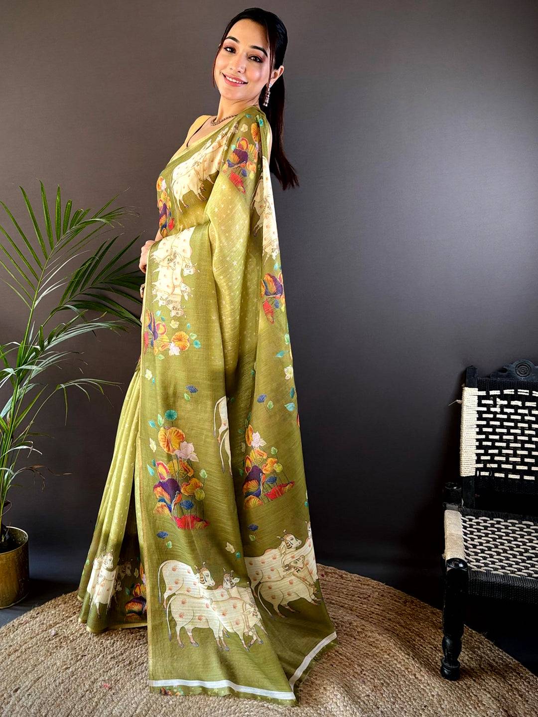 Green Chanderi Pichwai Print Saree by My Store