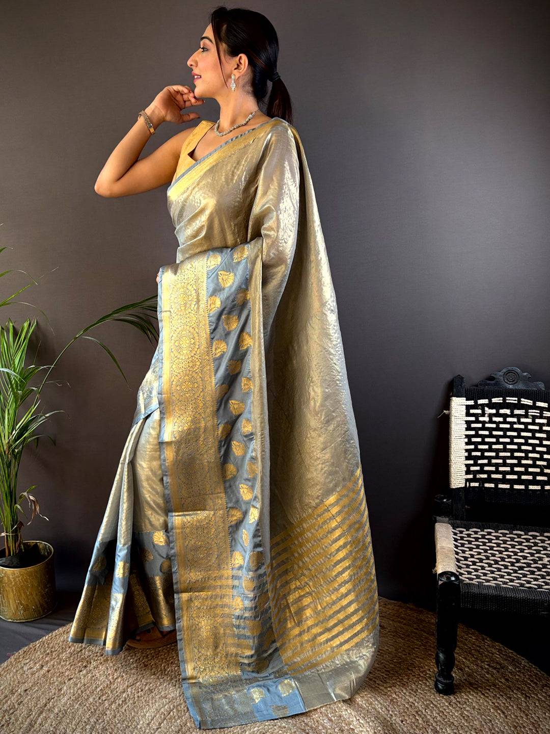 Gold Tissue Saree With Jacquard Woven Work by My Store