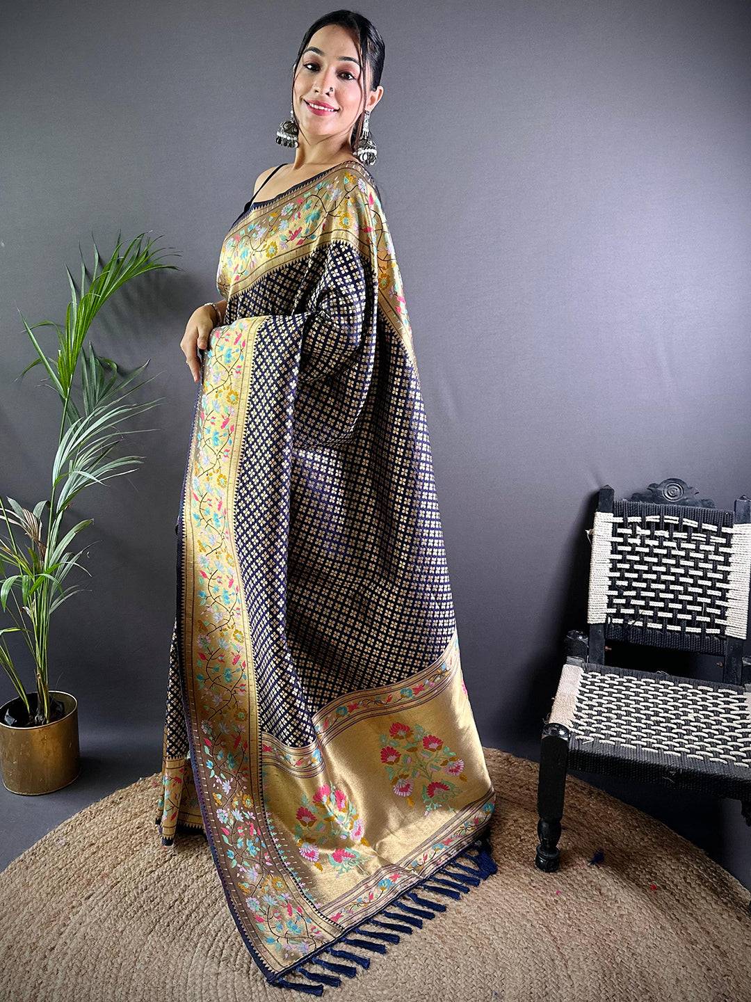 Navy Banarasi Mina Kari Katan Silk Saree by My Store