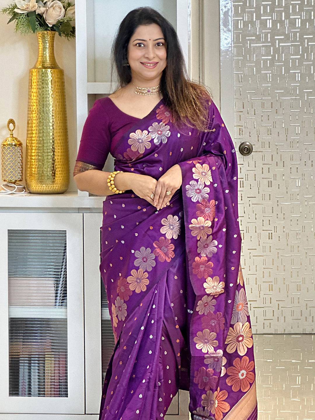 Wine Soft Silk Zari Woven Saree