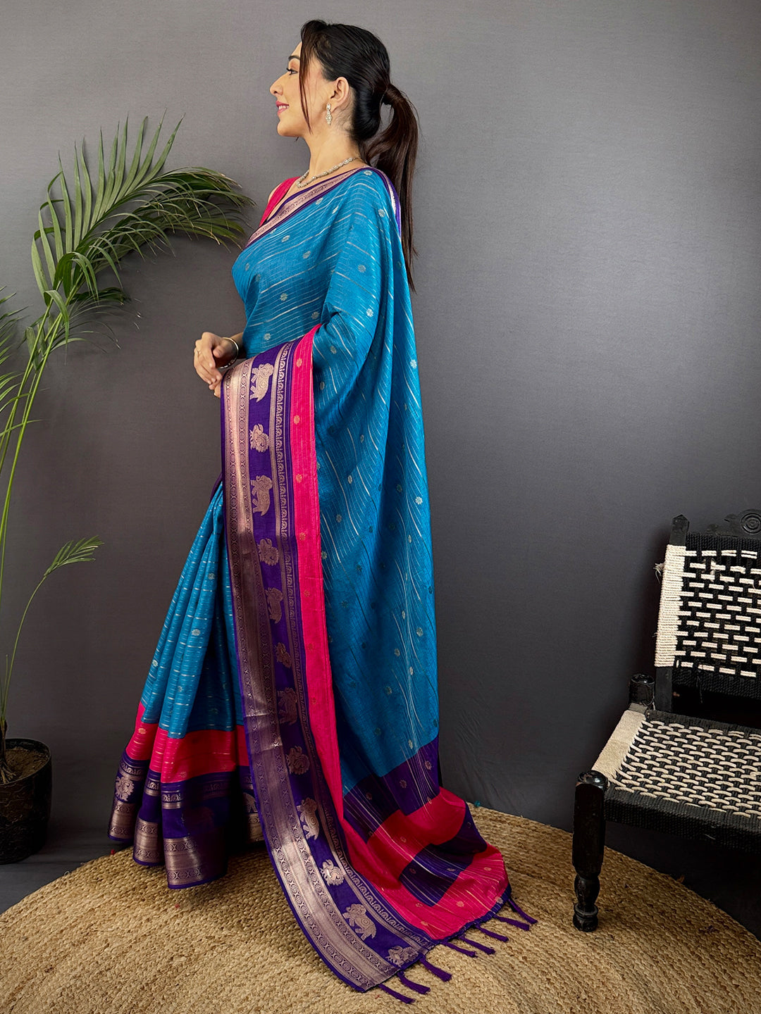 Sky Blue Soft Dola Silk Striped Print Saree by My Store