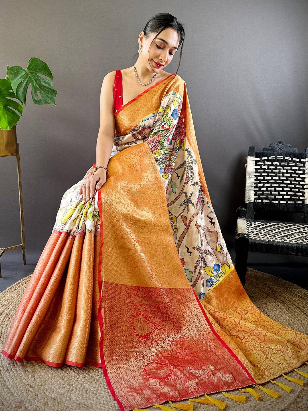 Cream Kanchi Kalamkari Elegance Saree by My Store