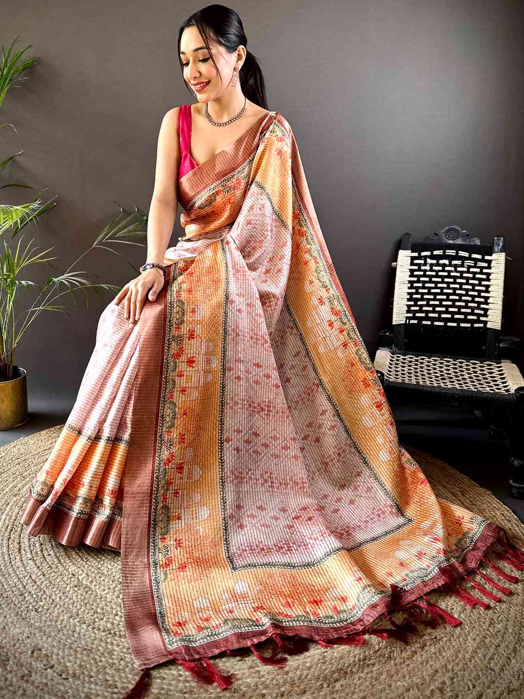 Graceful Beige Soft Silk Chex Saree by My Store
