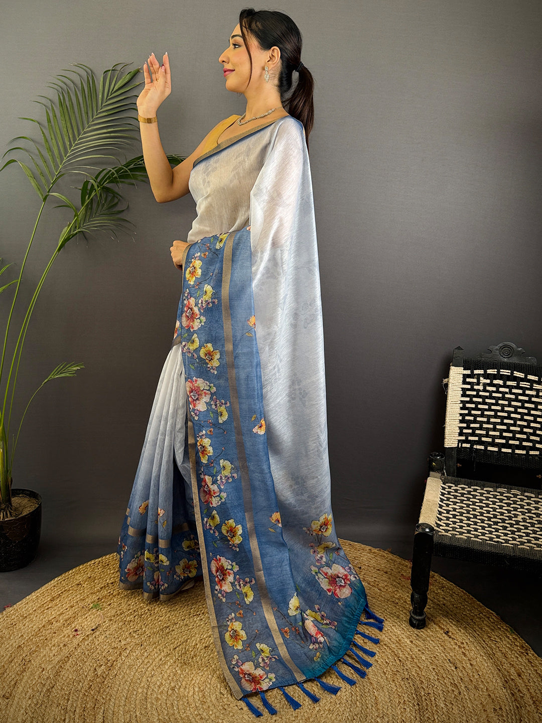 Denim Blue Linen Chanderi Floral Print Saree by My Store