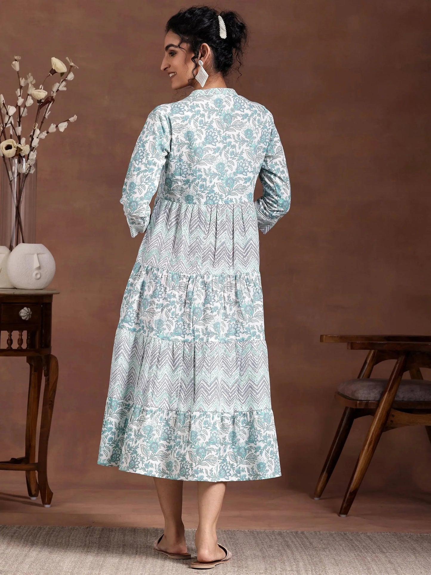 Off White Printed Cotton A-Line Dress by My Store